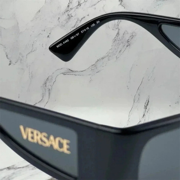 VERSACE Sunglasses New Black Square Wrap Shield Mask Acetate Gold Letter Logo - Picture 8 of 12